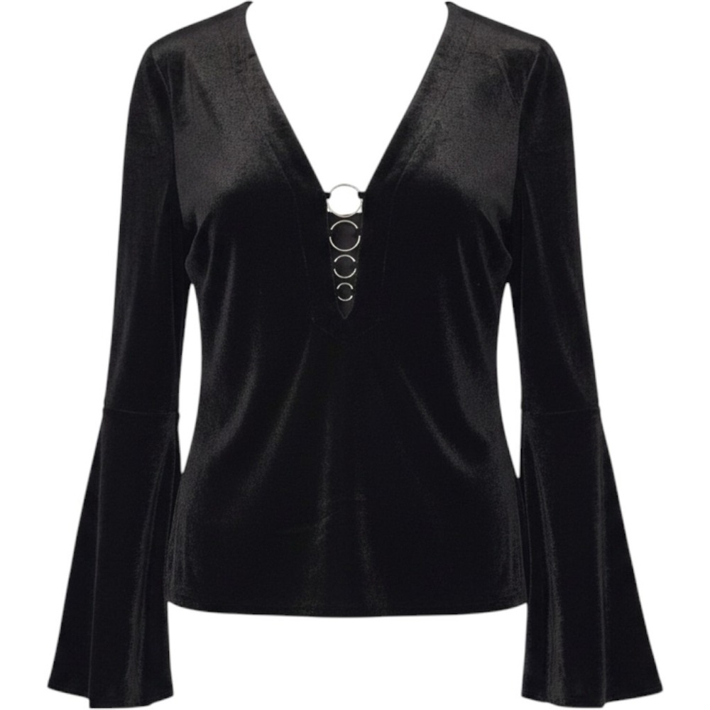 Current Air Velvet Bell‎ Sleeve Top Black Goth Boho Ring Detail Womens Small